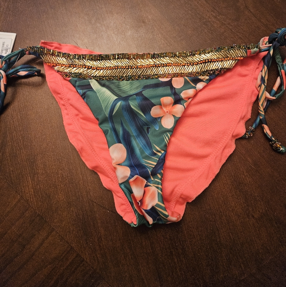 Tropical Floral Coral Tie-Side Bikini Bottom Medium NWTS